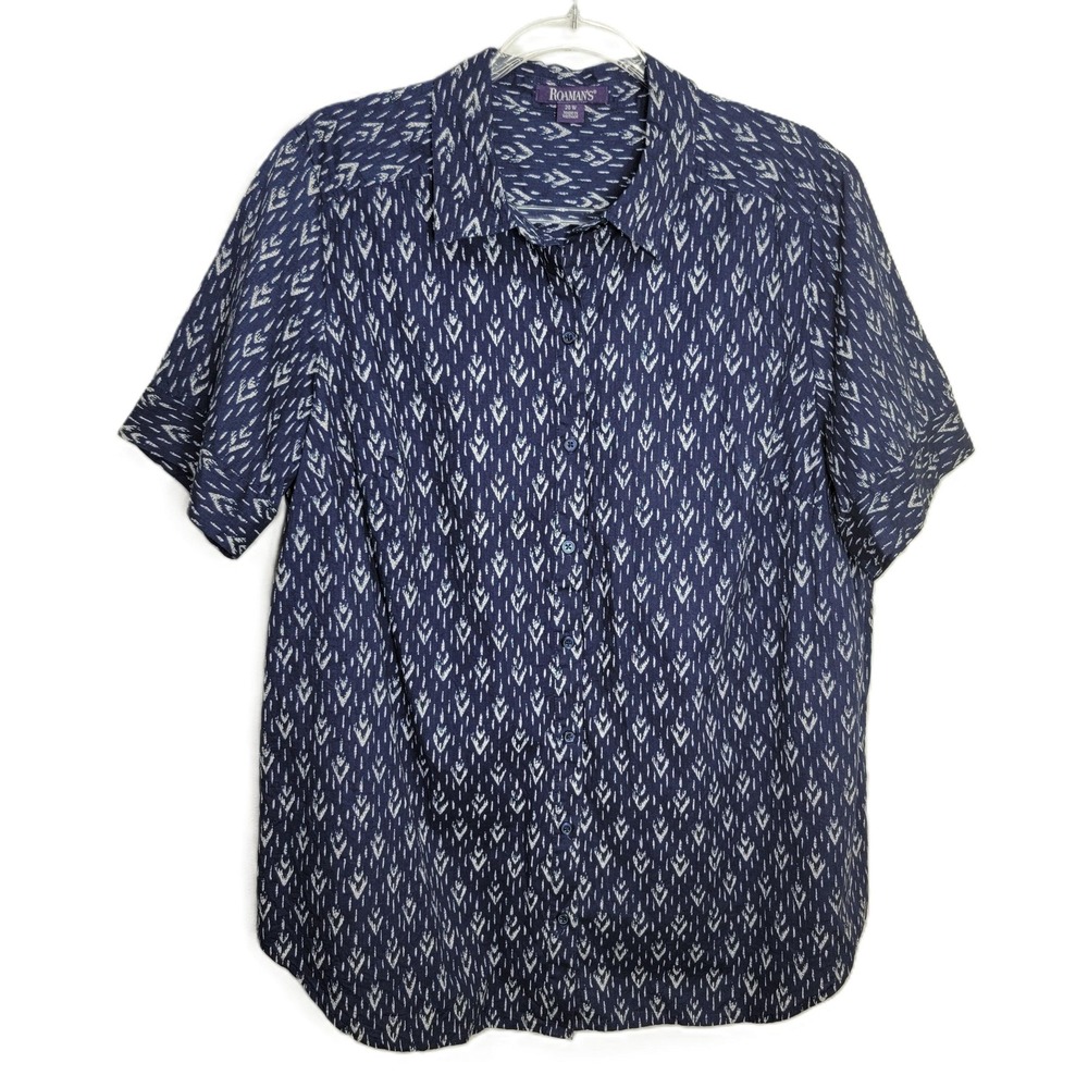 Roamans Womens 20W Navy Blue White‎ Ikat Cotton Short Sleeve Button Up Shirt